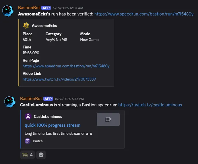 BastionBot posting runs in Discord